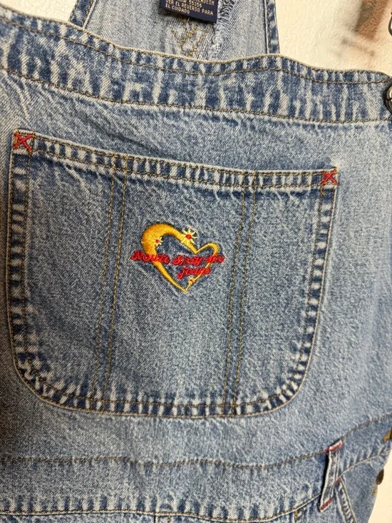 Vintage 90s Route 66 Embroidered Denim Short Overalls Size Large Broken In - Picture 2 of 6